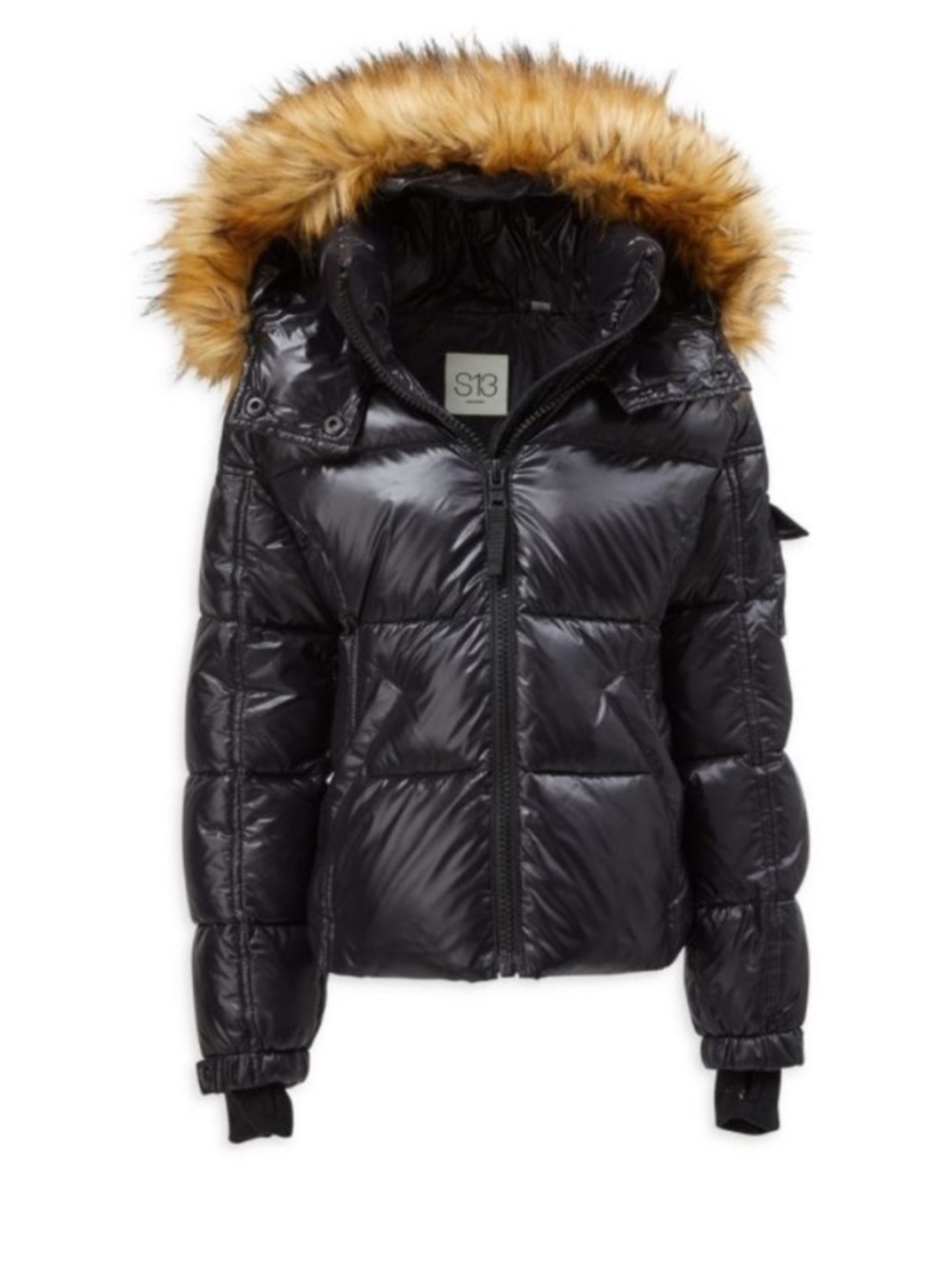 S13 Puffer Jacket Black Faux Fur Hood Down Winter Coat Glossy Size Small